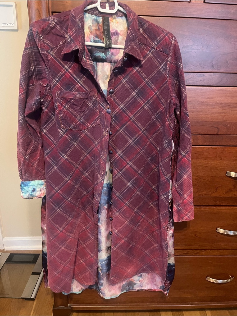 Plaid Long Button-Up Shirt Dress in Wine